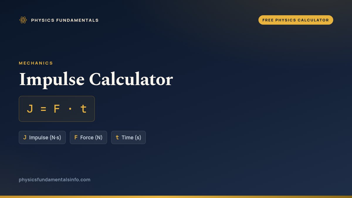 Impulse Calculator formula card: J = F · t, with each variable, its symbol and its units