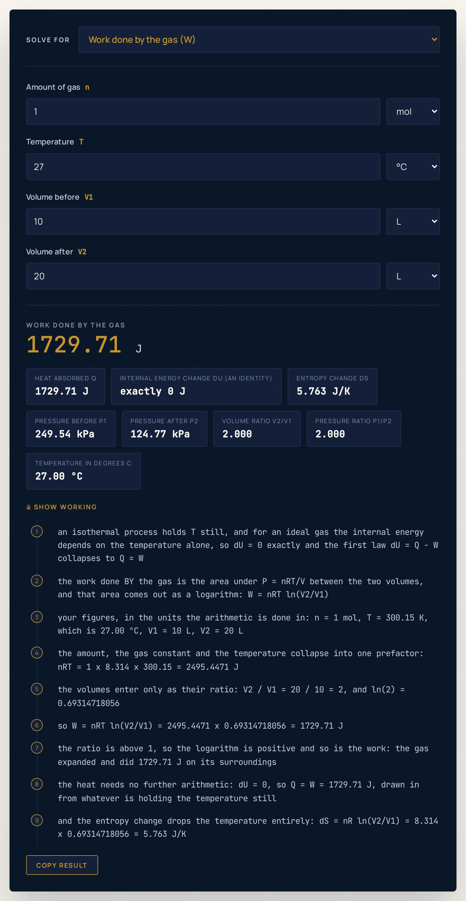 Isothermal process calculator on the Warm room, not 300 K preset, with the temperature box set to degrees Celsius: 1.00 mol at 27.0 degrees Celsius expanding from 10.0 L to 20.0 L returns 1729.71 J rather than 1728.85 J, with chips reading a heat absorbed of 1729.71 J, an entropy change of 5.763 J/K, a pressure before of 249.54 kPa, a pressure after of 124.77 kPa and a temperature of 27.00 degrees Celsius.