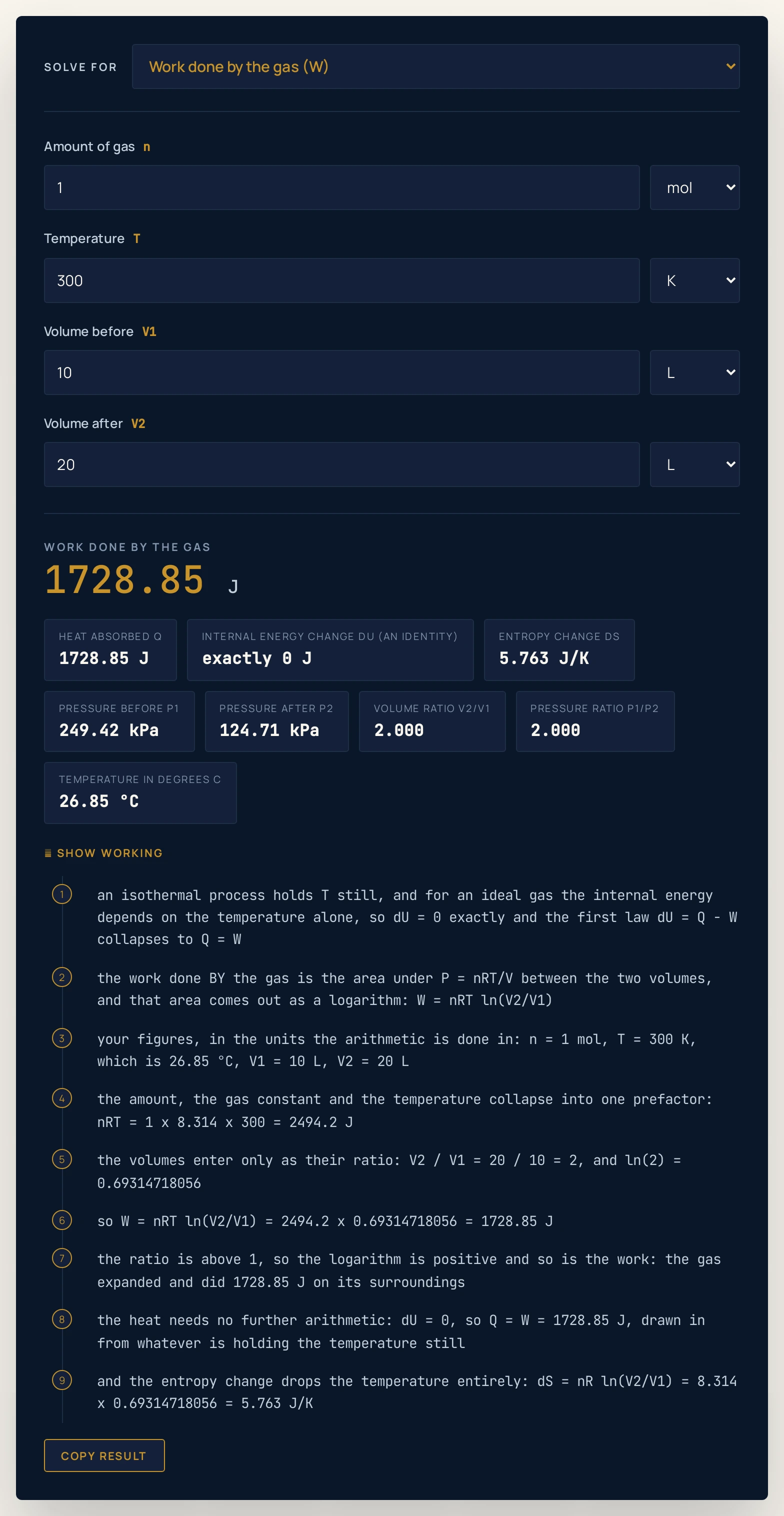 Isothermal process calculator on its defaults, solving for the work done by the gas: 1.00 mol at 300 K expanding from 10.0 L to 20.0 L returns 1728.85 J, with chips reading a heat absorbed of 1728.85 J, an internal energy change of exactly 0 J, an entropy change of 5.763 J/K, a pressure before of 249.42 kPa, a pressure after of 124.71 kPa, a volume ratio of 2.000, a pressure ratio of 2.000 and a temperature of 26.85 degrees Celsius.