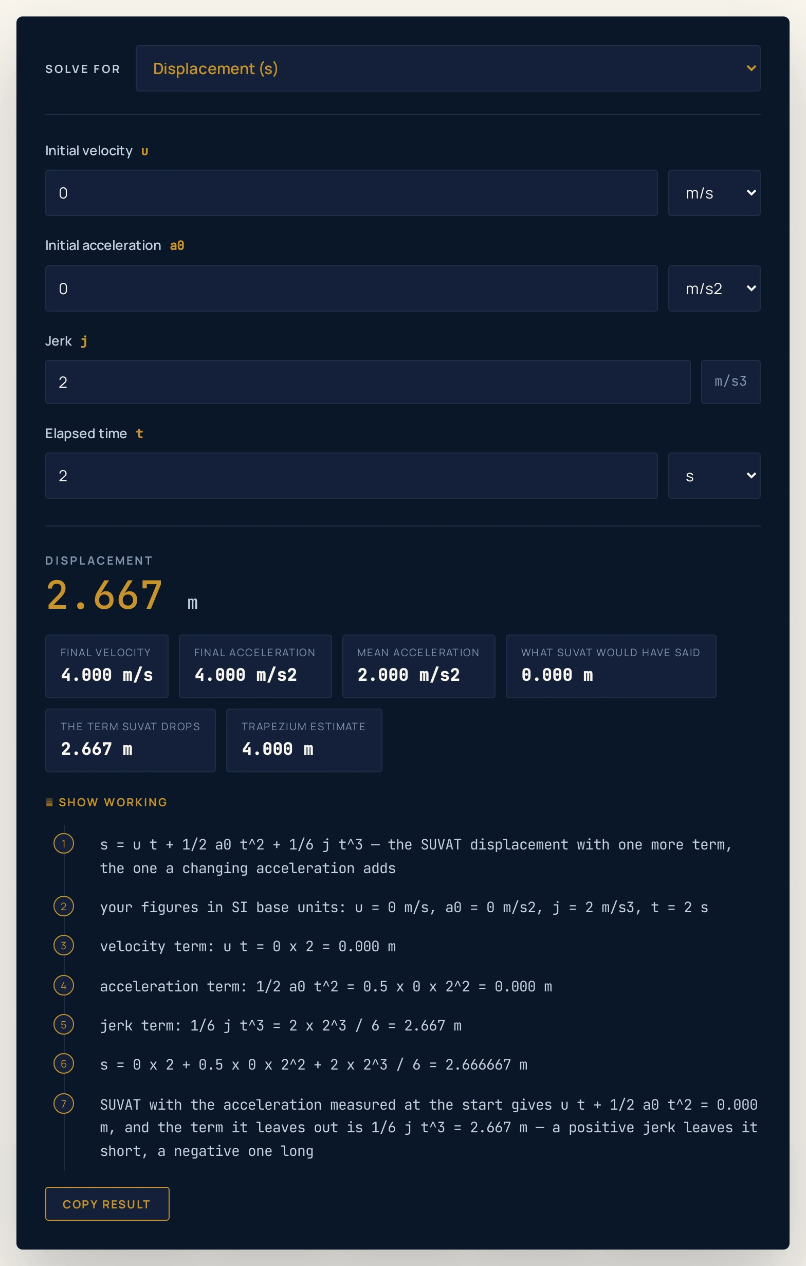 Jerk physics calculator on the Lift, acceptable jerk preset: an initial velocity of 0 m/s, an initial acceleration of 0 m/s2, a jerk of 2 m/s3 and an elapsed time of 2 s return 2.667 m, with chips reading a final velocity of 4.000 m/s, a final acceleration of 4.000 m/s2, a mean acceleration of 2.000 m/s2, what SUVAT would have said 0.000 m, the term SUVAT drops 2.667 m and a trapezium estimate of 4.000 m.