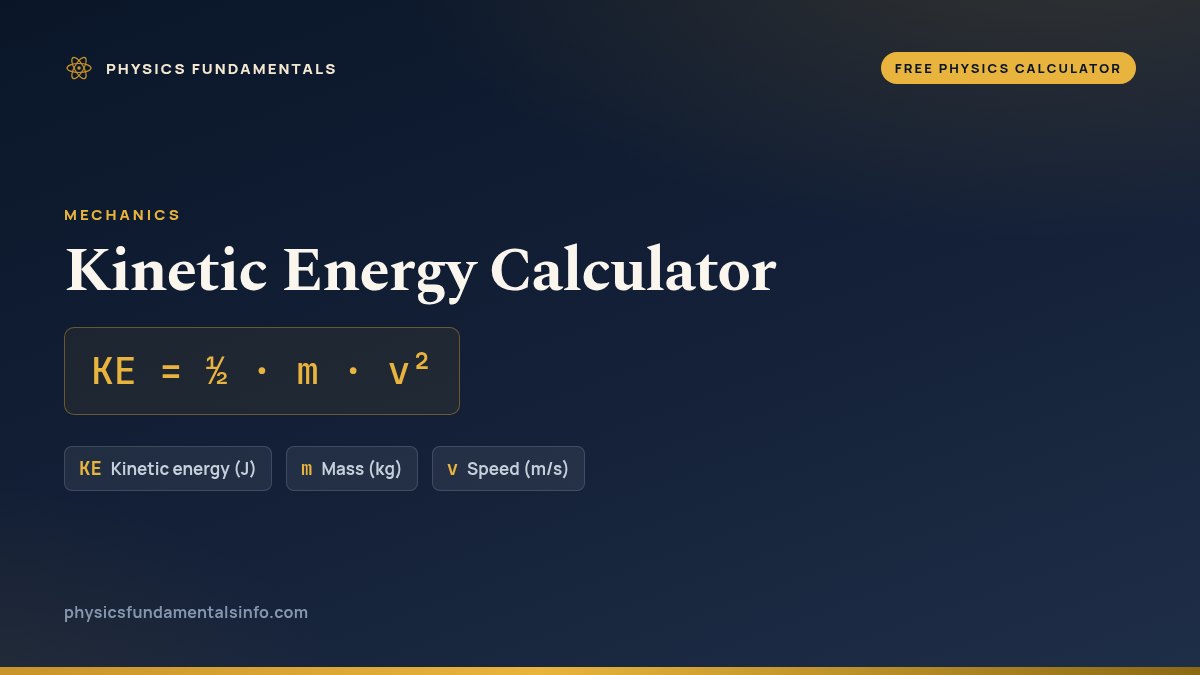 Kinetic Energy Calculator formula card: KE = ½ · m · v², with each variable, its symbol and its units