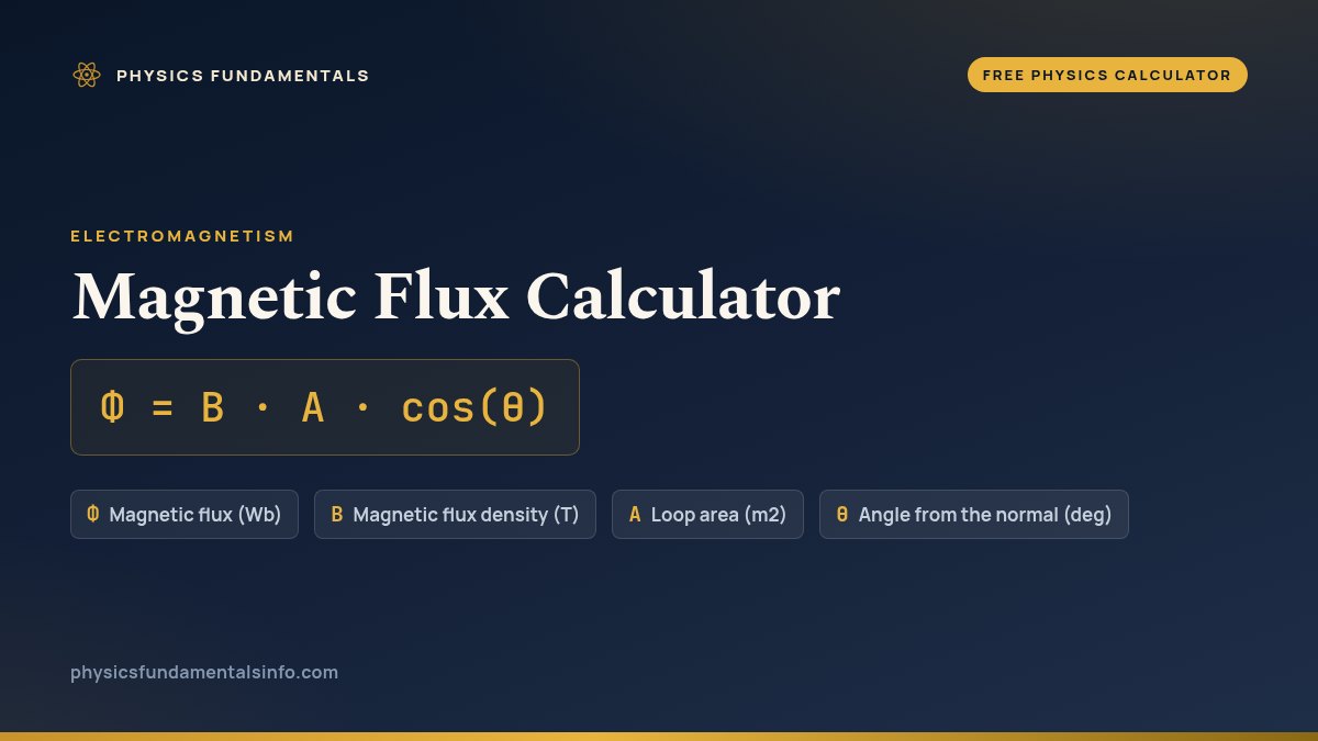 Magnetic Flux Calculator formula card: Φ = B · A · cos(θ), with each variable, its symbol and its units