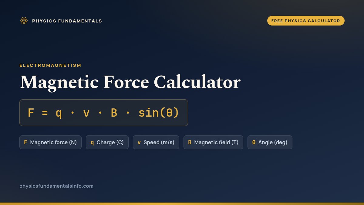 Magnetic Force Calculator formula card: F = q · v · B · sin(θ), with each variable, its symbol and its units