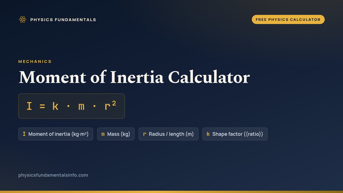Moment of Inertia Calculator formula card: I = k · m · r², with each variable, its symbol and its units