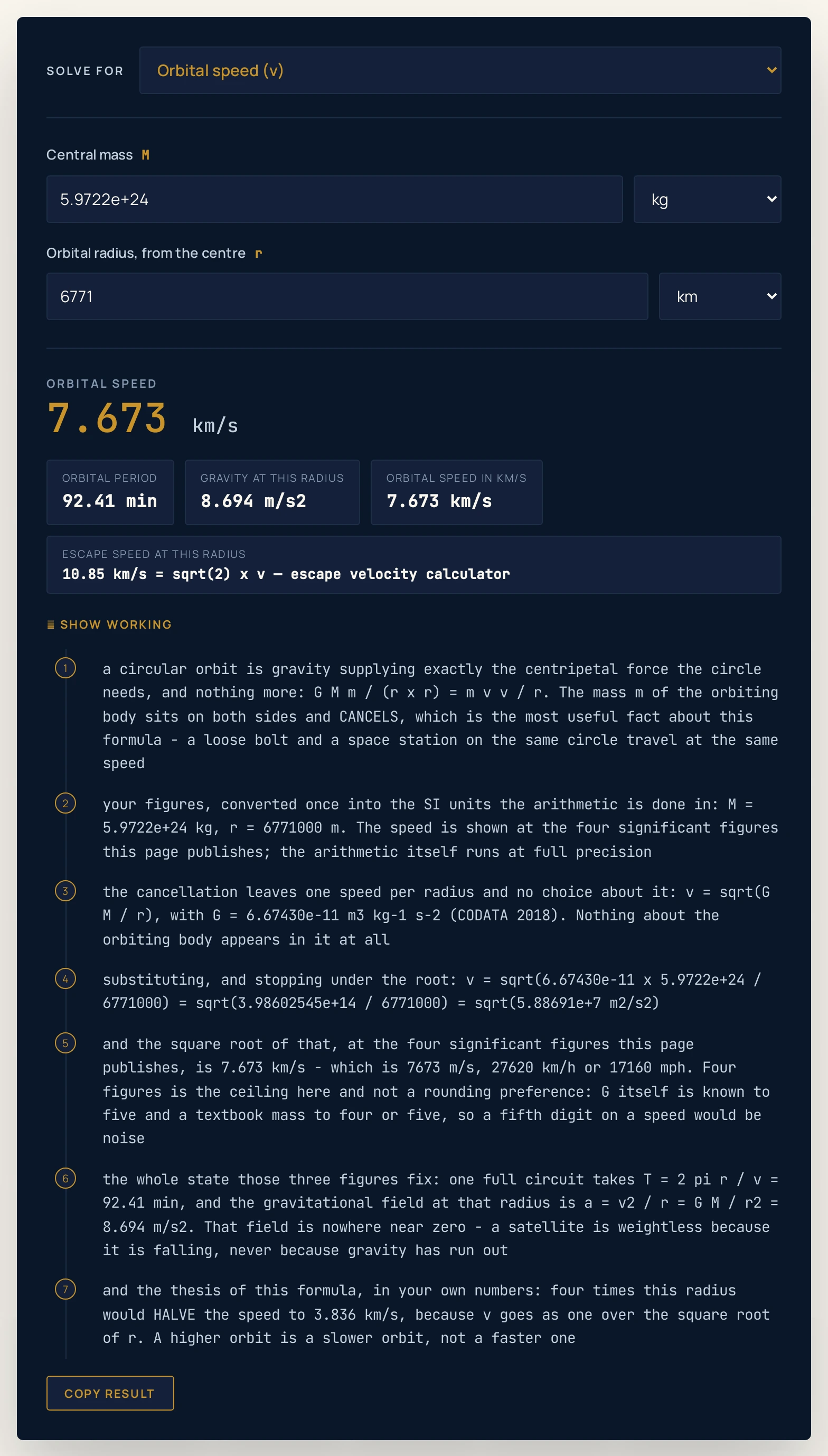 Orbital velocity calculator on its defaults, solving for the orbital speed: a central mass of 5.9722e+24 kg at a radius of 6771 km returns a headline of 7.673 km/s, with chips reading an orbital period of 92.41 min, gravity at this radius of 8.694 m/s2, an orbital speed in km/s of 7.673 km/s, and an escape speed at this radius of 10.85 km/s = sqrt(2) x v.
