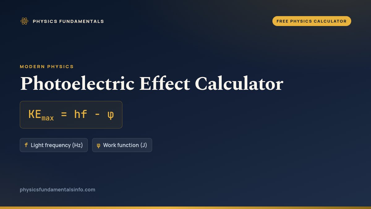 Photoelectric Effect Calculator formula card: KEmax = hf − φ, with each variable, its symbol and its units