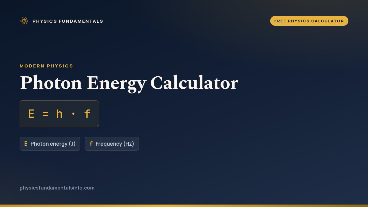 Photon Energy Calculator formula card: E = h · f, with each variable, its symbol and its units