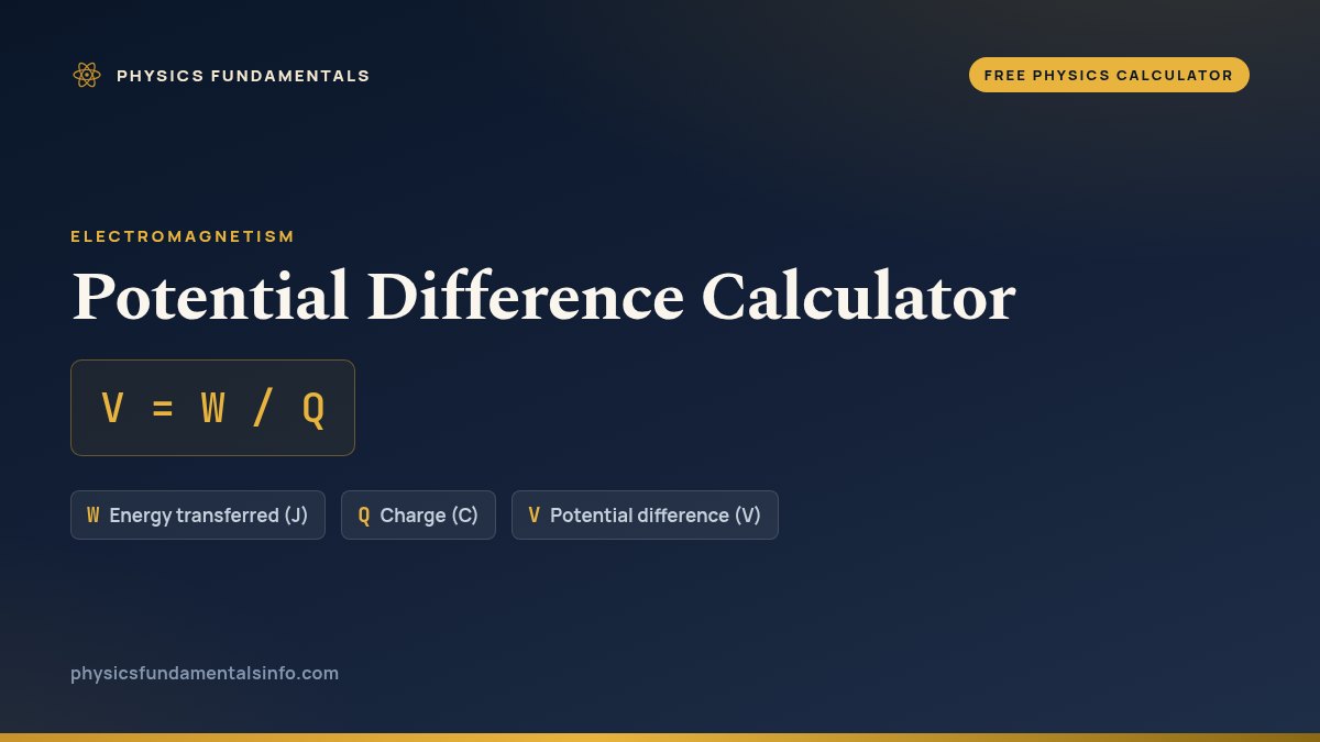 Potential Difference Calculator formula card: V = W / Q, with each variable, its symbol and its units