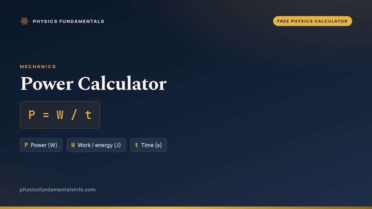 Power Calculator formula card: P = W / t, with each variable, its symbol and its units