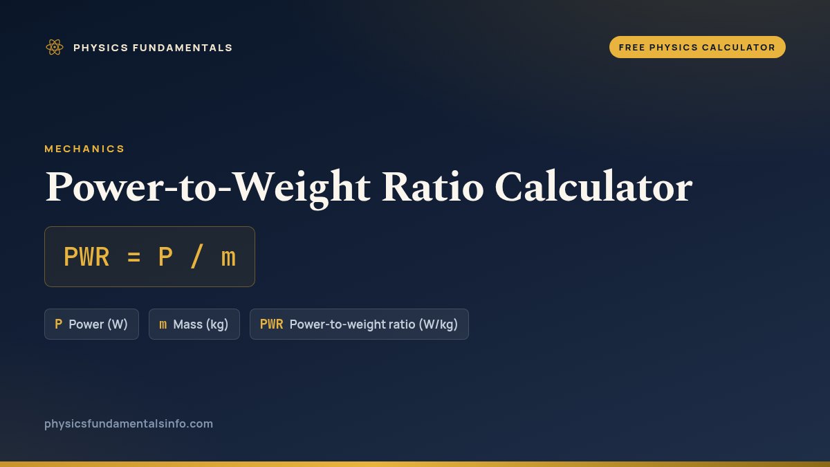 Power-to-Weight Ratio Calculator formula card: PWR = P / m, with each variable, its symbol and its units
