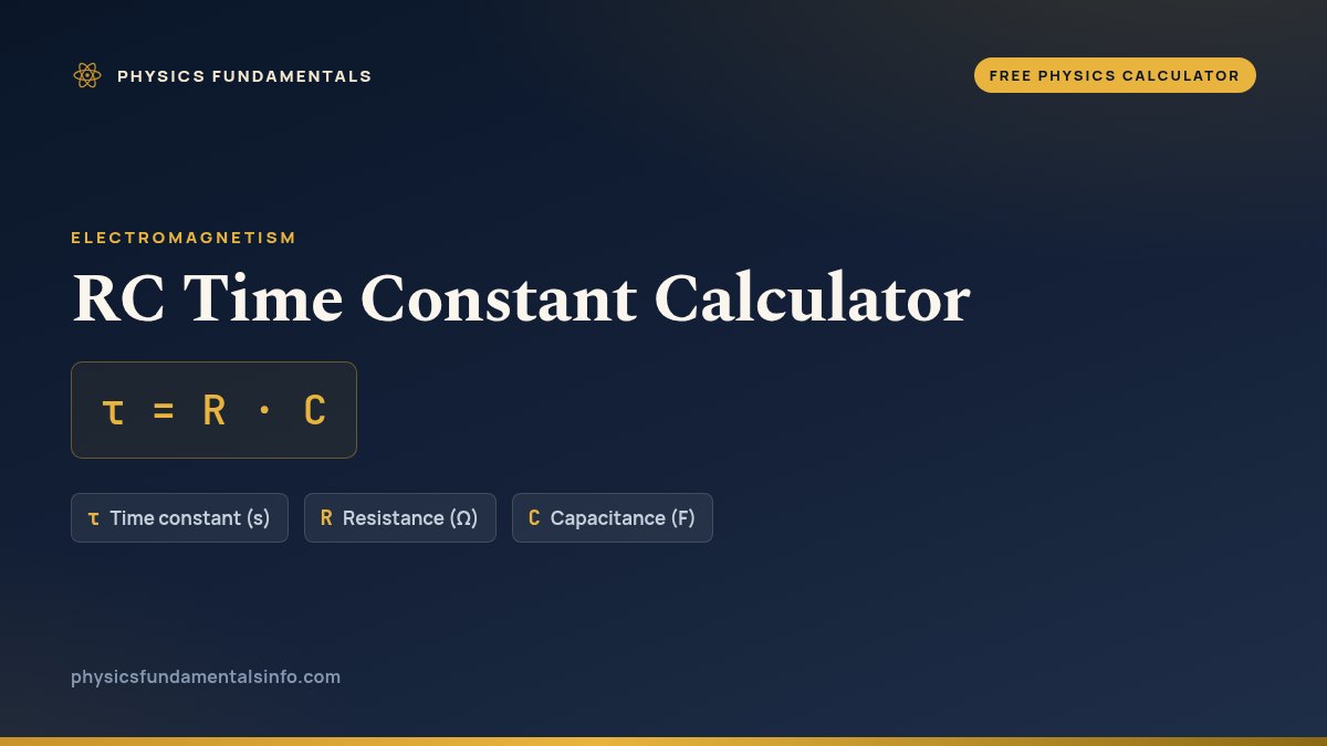 RC Time Constant Calculator formula card: τ = R · C, with each variable, its symbol and its units