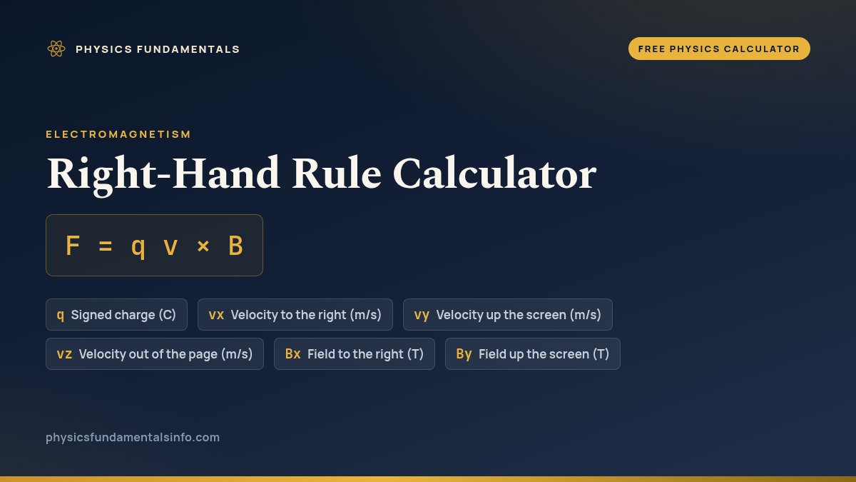 Right-Hand Rule Calculator formula card: F = q v × B, with each variable, its symbol and its units