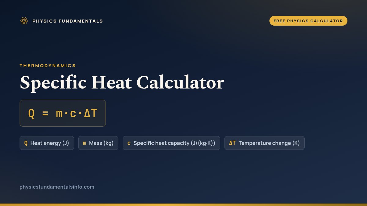 Specific Heat Calculator formula card: Q = m·c·ΔT, with each variable, its symbol and its units