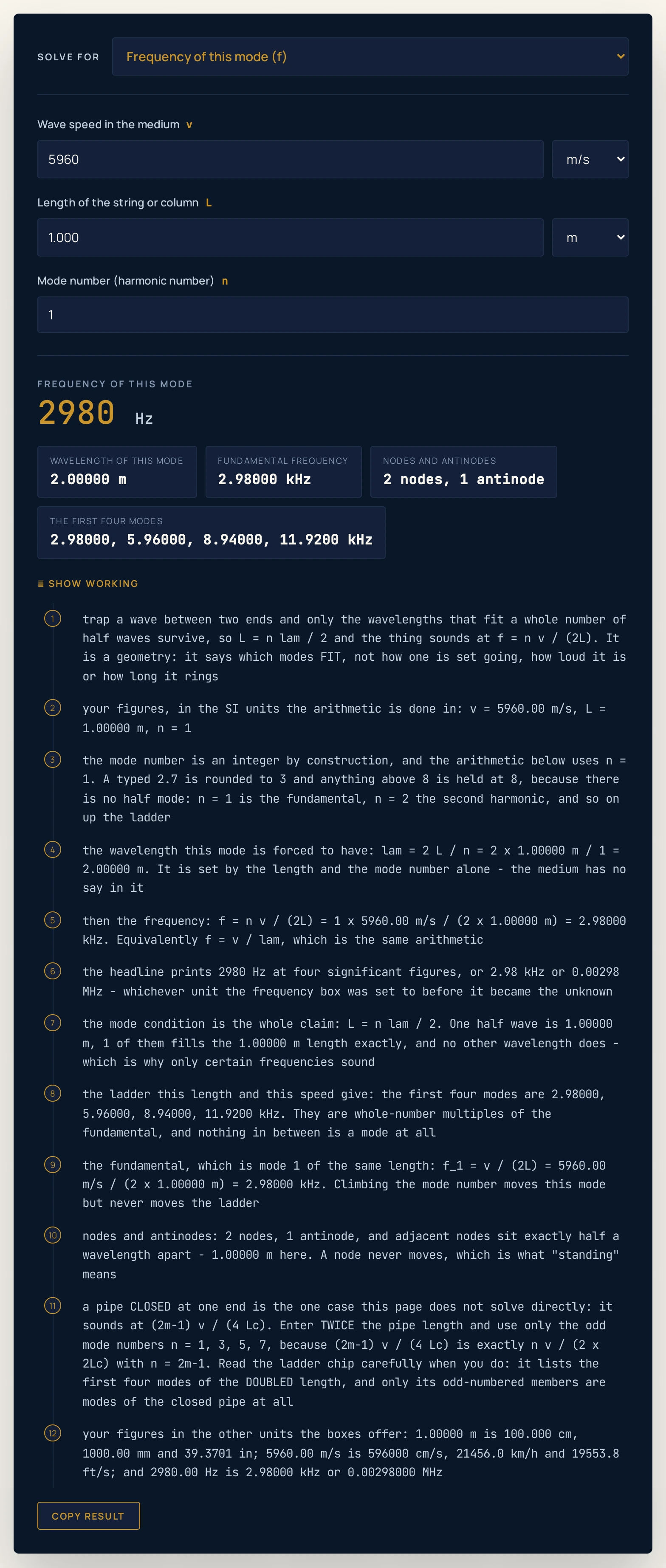 Standing waves calculator on the sound in steel preset: a wave speed of 5960 m/s, a length of 1.000 m and mode number 1 return a headline of 2980 Hz, with chips reading a wavelength of this mode of 2.00000 m, a fundamental frequency of 2.98000 kHz, 2 nodes, 1 antinode, and the first four modes as 2.98000, 5.96000, 8.94000, 11.9200 kHz.