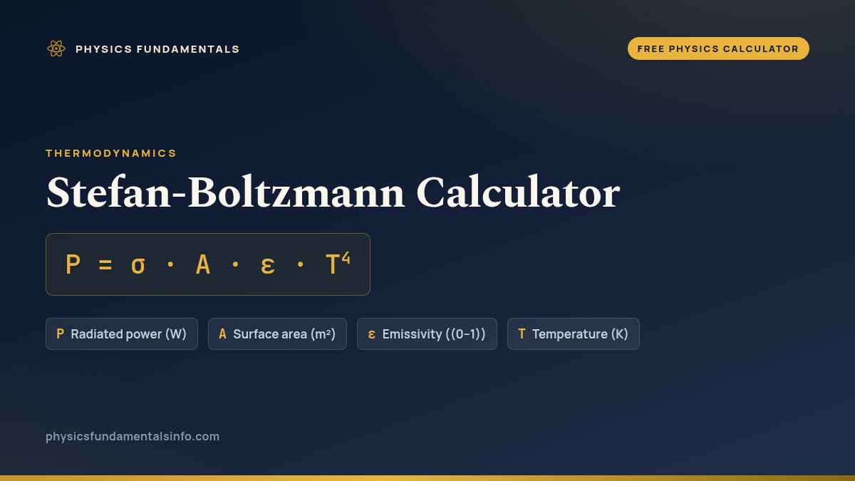 Stefan-Boltzmann Calculator formula card: P = σ · A · ε · T4, with each variable, its symbol and its units