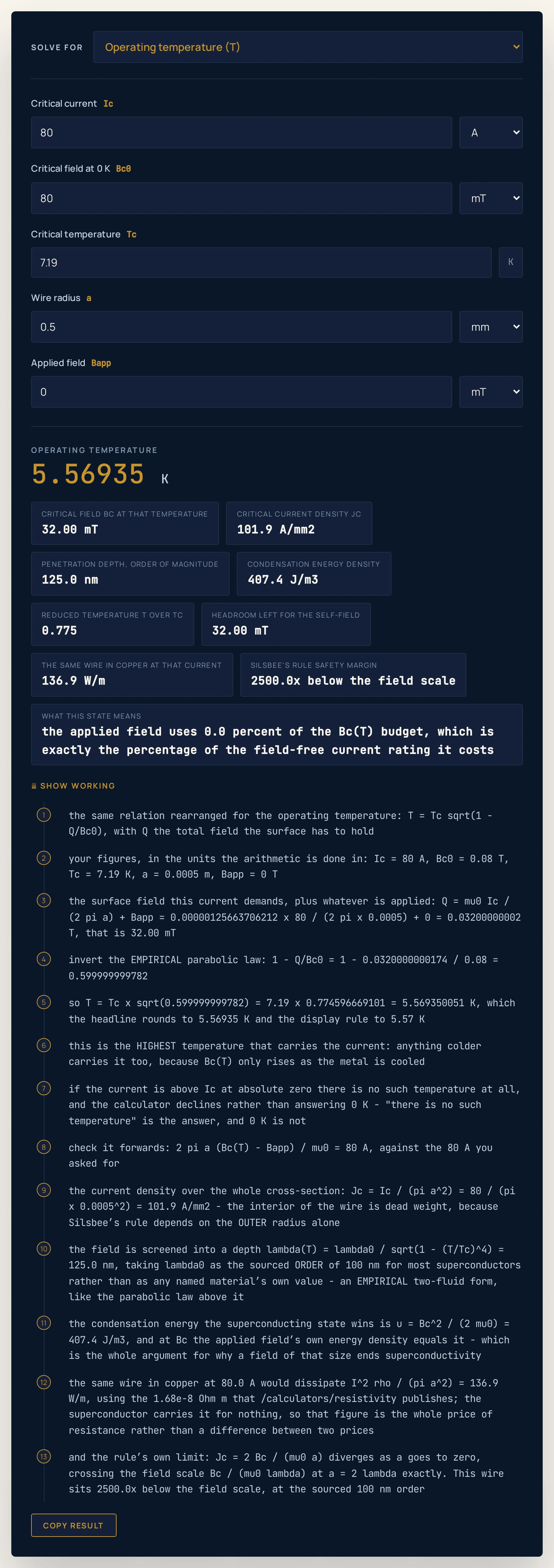 Superconductor calculator on the How cold must it be to carry 80 amps preset, solving for the operating temperature so that box is the hidden one: 80 amps through a 0.500 millimetre-radius, 80 millitesla, 7.19 kelvin wire returns 5.56935 kelvin, with chips reading a critical field of 32.00 millitesla at that temperature, a critical current density of 101.9 amps per square millimetre, a penetration depth of 125.0 nanometres, 136.9 watts per metre for the same wire in copper, and a working step stating that a current above the critical current at absolute zero has no solution at any temperature.