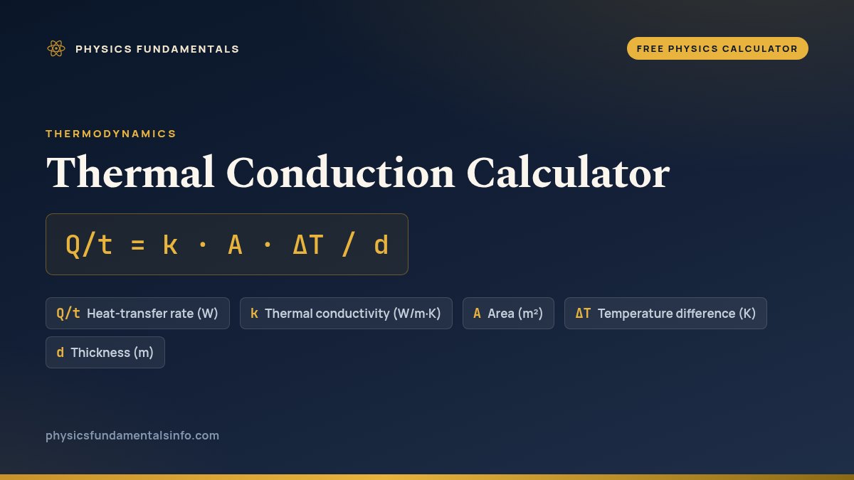 Thermal Conduction Calculator formula card: Q/t = k · A · ΔT / d, with each variable, its symbol and its units