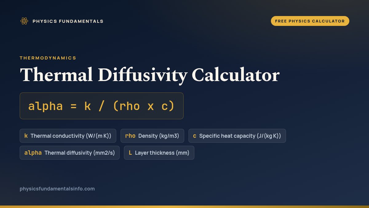 Thermal Diffusivity Calculator formula card: alpha = k / (rho x c), with each variable, its symbol and its units