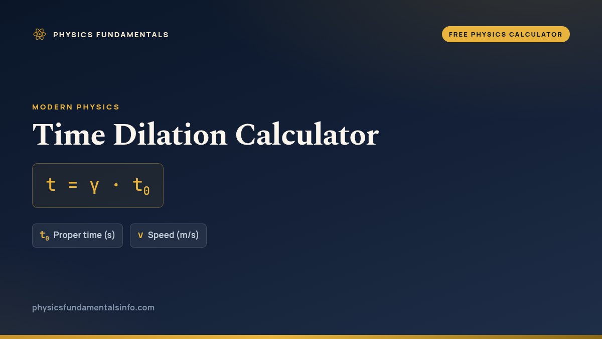 Time Dilation Calculator formula card: t = γ · t0, with each variable, its symbol and its units
