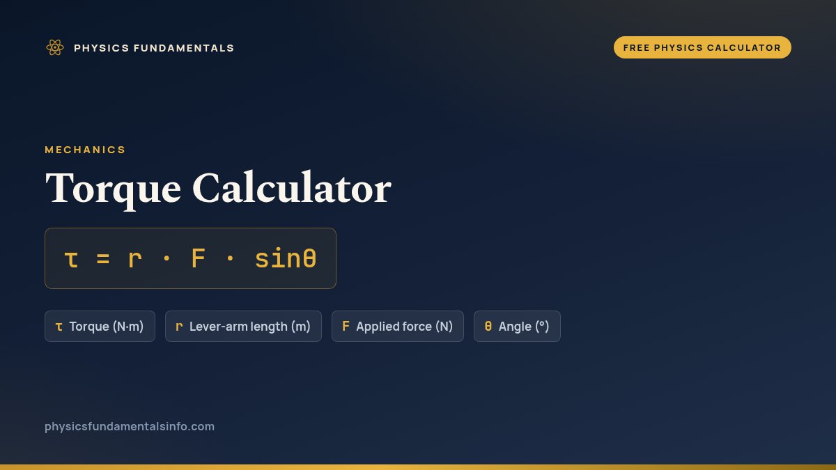 Torque Calculator formula card: τ = r · F · sinθ, with each variable, its symbol and its units