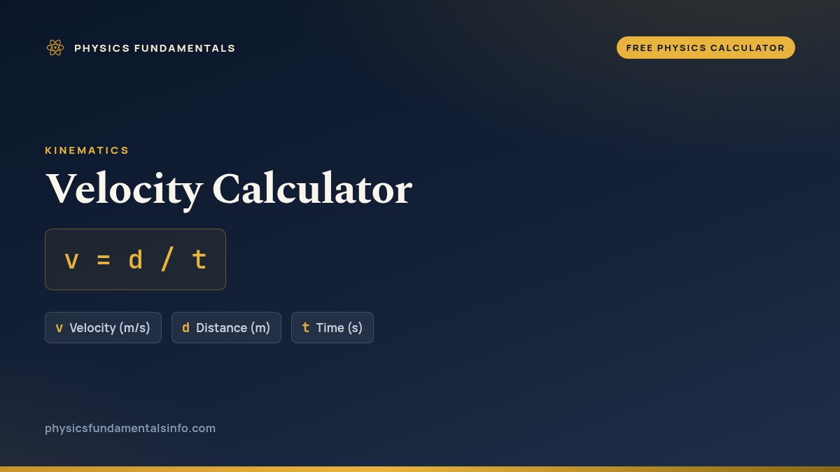 Velocity Calculator formula card: v = d / t, with each variable, its symbol and its units