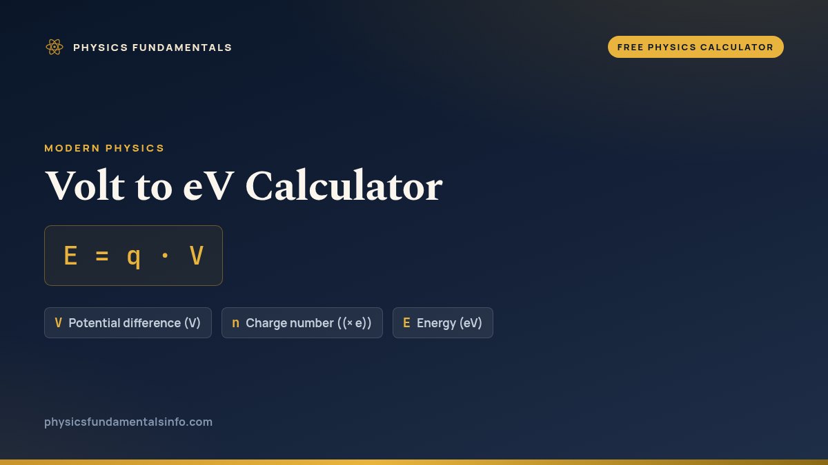 Volt to eV Calculator formula card: E = q · V, with each variable, its symbol and its units