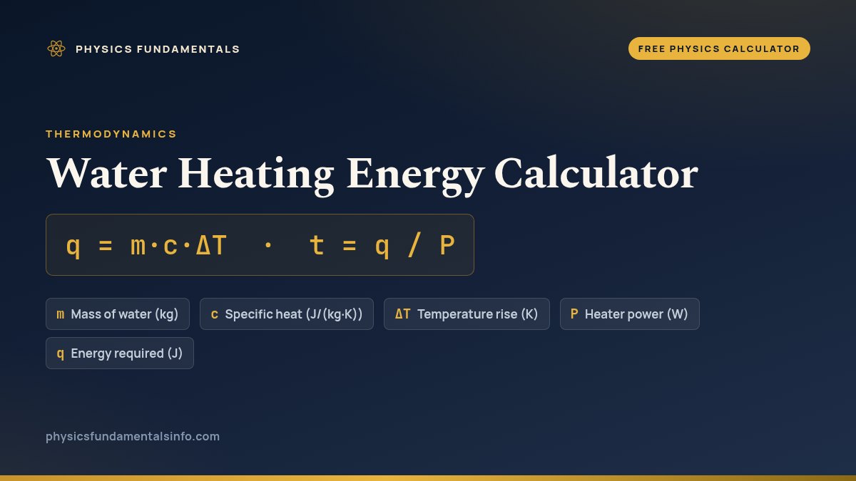 Water Heating Energy Calculator formula card: q = m·c·ΔT  ·  t = q / P, with each variable, its symbol and its units