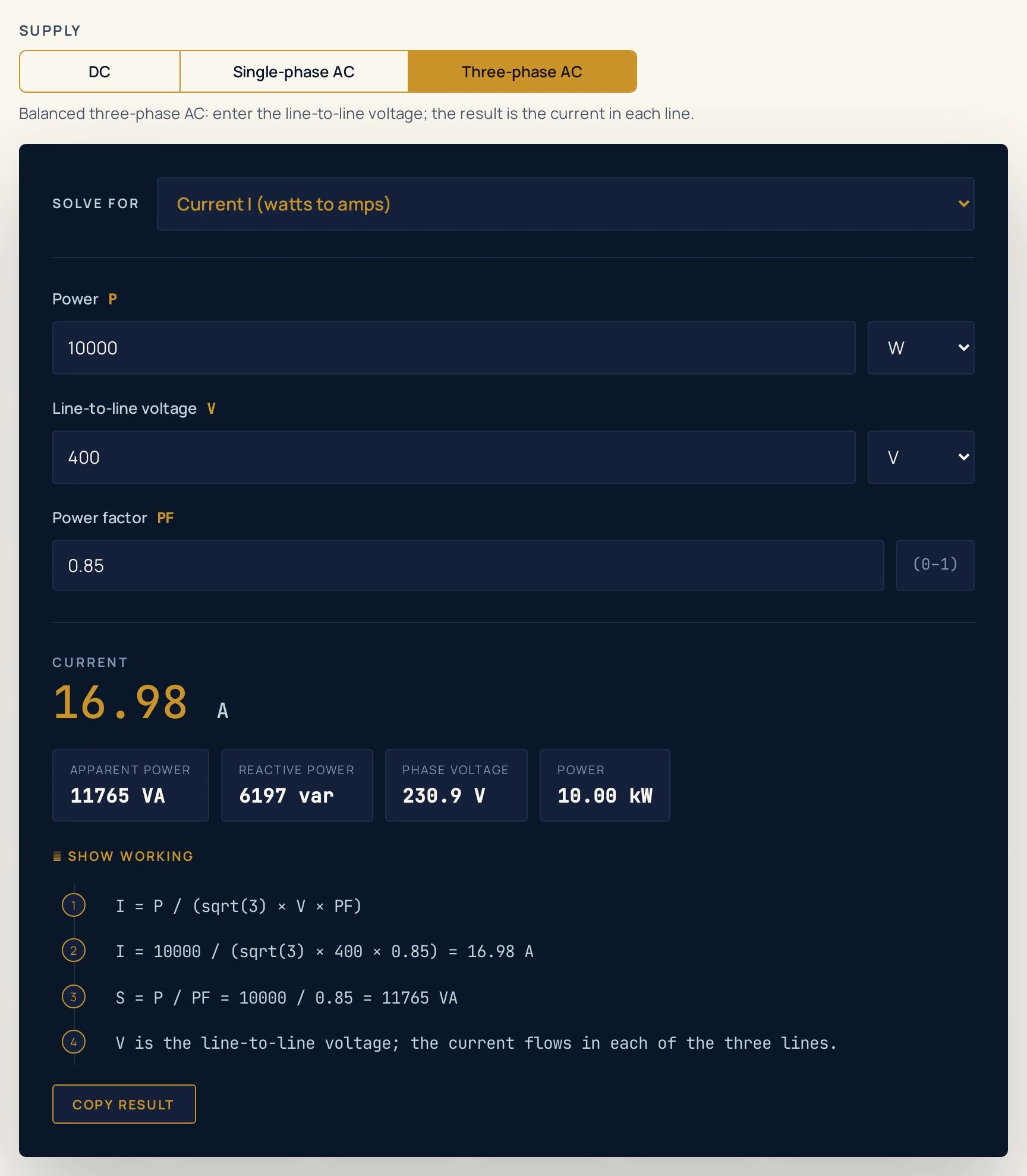 Watts to amps calculator loaded with the three-phase motor preset: three-phase AC selected, power 10000 W of electrical input, line-to-line voltage 400 V and power factor 0.85 give a current of 16.98 A per line, with extras reading apparent power 11765 VA, reactive power 6197 var, phase voltage 230.9 V and power 10.00 kW.
