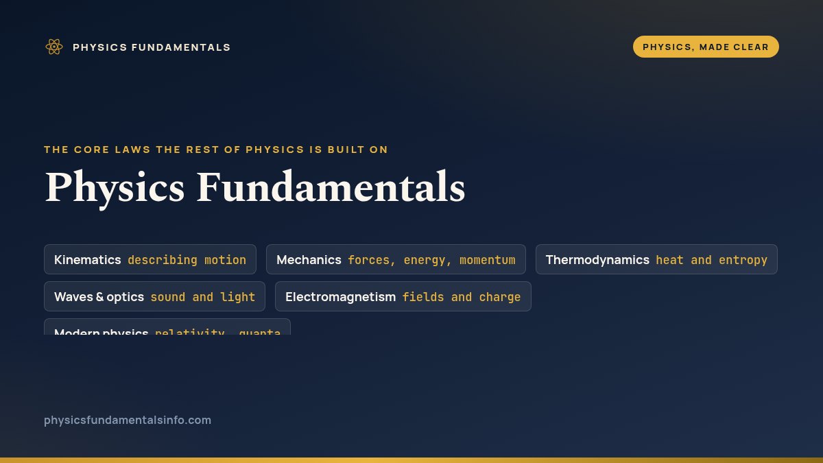 Physics fundamentals — the six pillars: kinematics, mechanics, thermodynamics, waves and optics, electromagnetism and modern physics
