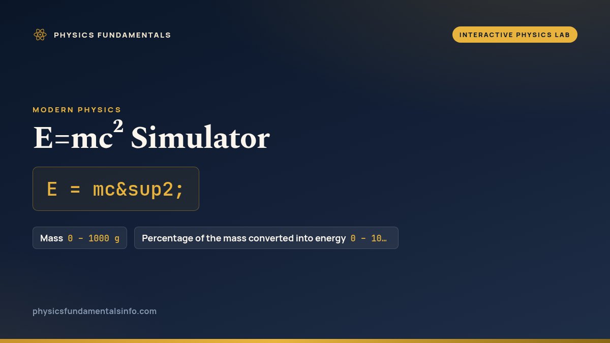 E=mc² Simulator reference card: E = mc², with the sliders you can change and their ranges