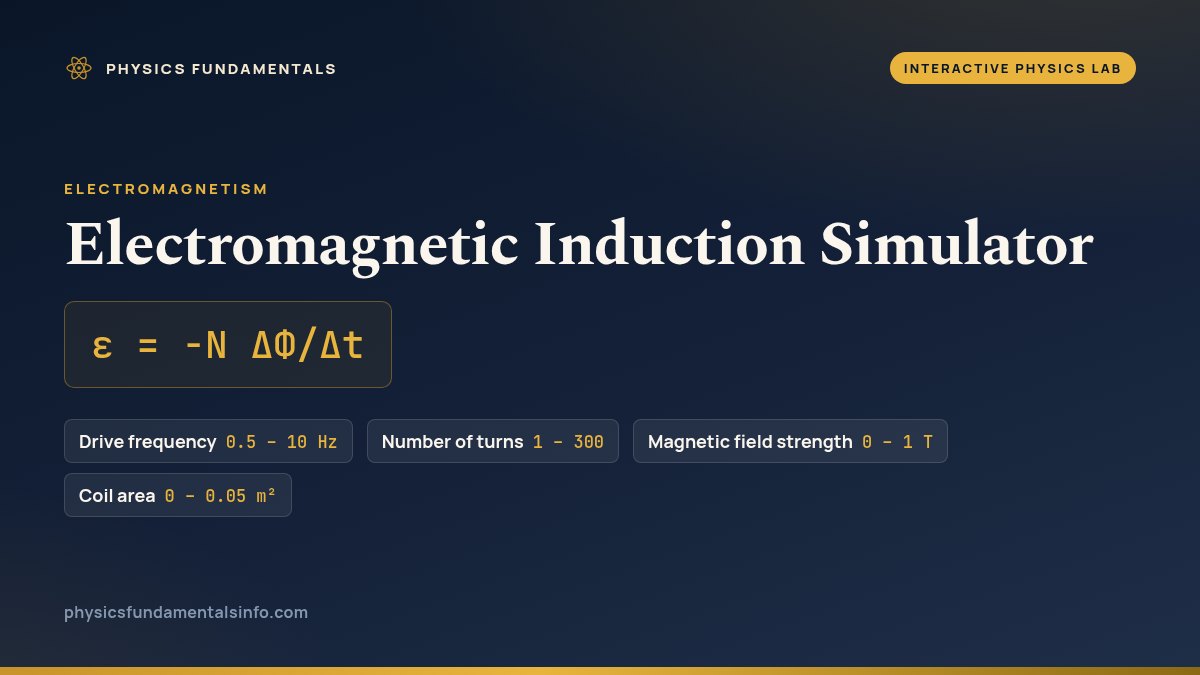 Electromagnetic Induction Simulator reference card: ε = -N ΔΦ/Δt, with the sliders you can change and their ranges