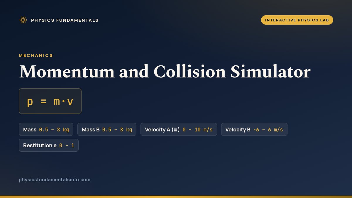 Momentum and Collision Simulator reference card: p = m·v, with the sliders you can change and their ranges