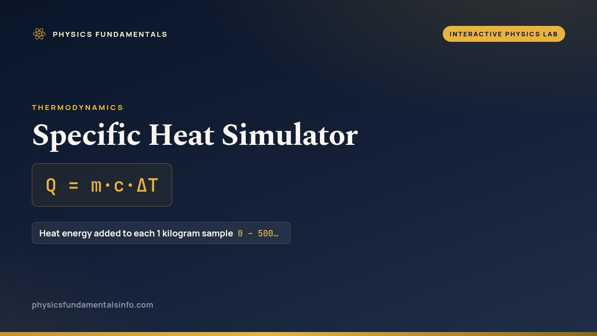 Specific Heat Simulator reference card: Q = m·c·ΔT, with the sliders you can change and their ranges