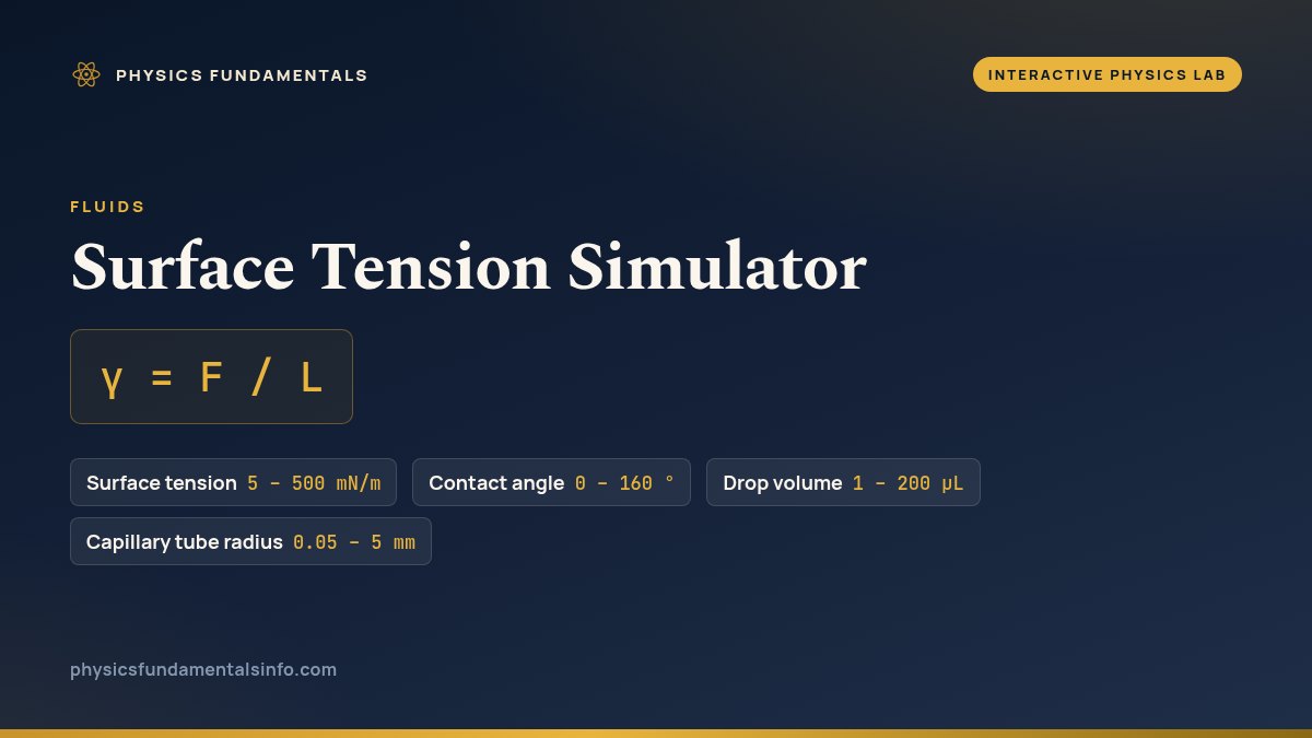 Surface Tension Simulator reference card: γ = F / L, with the sliders you can change and their ranges